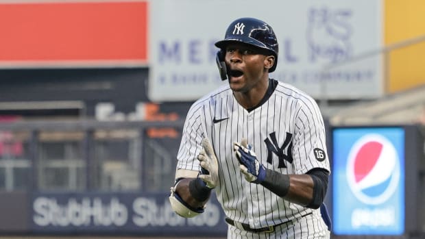 New York Yankees outfielder Estevan Florial celebrates hit